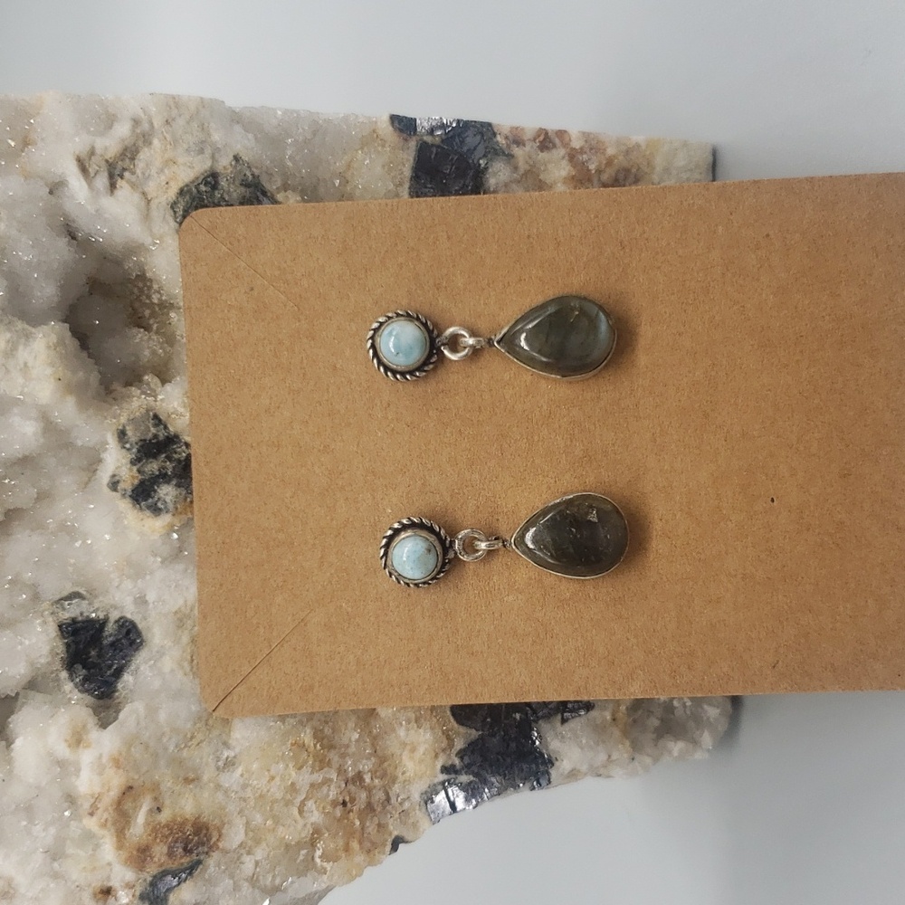 Dangly larimar and labradorite teardrop earrings